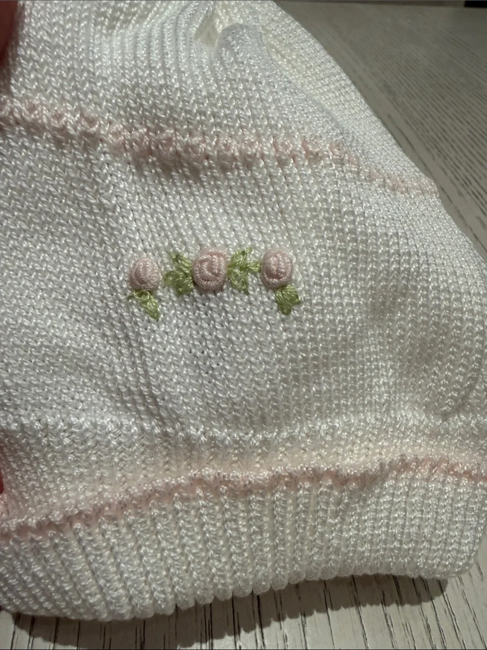 Pair of Pink and White Rose Embroidered Baby Knit Hats - Bonnet and Stretch